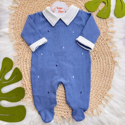 Macacão Tricotil (Tricot 100% Algodão) com Gola e Bordado - Azul Jeans Bolinhas